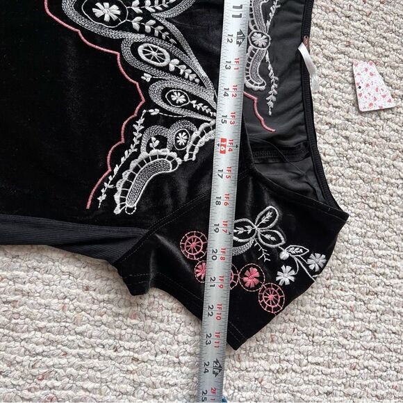 Free People Party Train Top Black Velvet Embroidered Floral Stretch - Picture 11 of 12